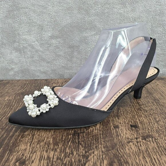 Adrienne Vittadini Suza Slingback Kitten Heels 7.5 Black Pearl Rhinestone Formal - Picture 15 of 15
